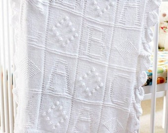 Baby Blanket ~ ABC & Diamond Motif Squares Knit in one Piece ~ Leaf Edge  ~ DK 8 Ply Light Worsted Knitting Pattern PDF Instant download