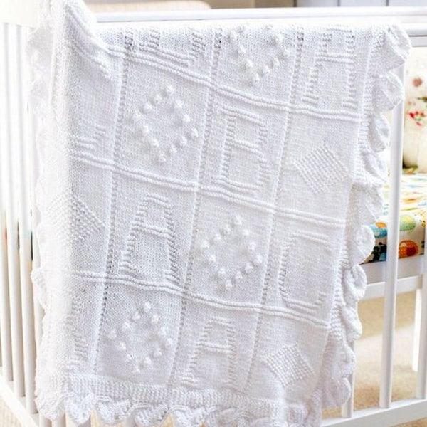 Baby Blanket ~ ABC & Diamond Motif Squares Knit in one Piece ~ Leaf Edge  ~ DK 8 Ply Light Worsted Knitting Pattern PDF Instant download