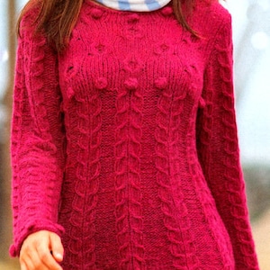 Womens Long Longline Sweater Tunic Cables-Bobbles & Bobble Cuffs 30" - 42"  Chunky 12 Ply ~ Easy Knitting Pattern PDF Instant download