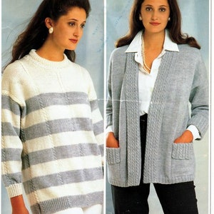 Striped Cable Sweater & Edge to Edge Longline Cable Panel Jacket Pockets Womens 30-40&quot; DK 8 Ply pdf instant download DK Knitting Pattern