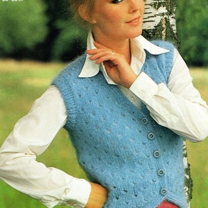 Sleeveless V Neck Waistcoat Vest Mohair Womens  30&quot; - 38&quot; ~ Aran 10 Ply Worsted Knitting Pattern PDF Instant download