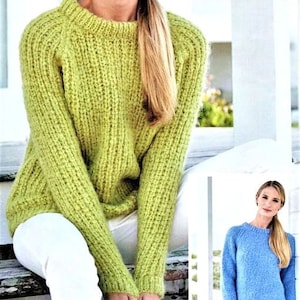 Easy Larger Sizes Plain or Ribbed Raglan Sweater Womens 32&quot;- 54&quot; ~  Chunky 12 Ply Knitting Pattern PDF Instant download
