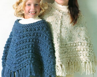 Girls Womens Easy Poncho Super Bulky Chunky Textured Fringe  24" - 42" Knitting Pattern PDF Instant download