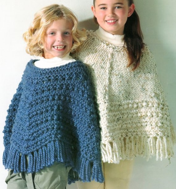 Girls Womens Easy Poncho Super Bulky Chunky Textured Fringe 24 42 Knitting Pattern PDF Instant Download Etsy