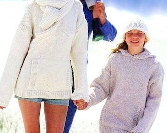 Easy Family Hooded Sweater Jumper Hoodie Pockets Slouchy Womens Mens Childs  24 - 43" ~ Bulky Chunky 12 Ply Knitting Pattern PDF Download
