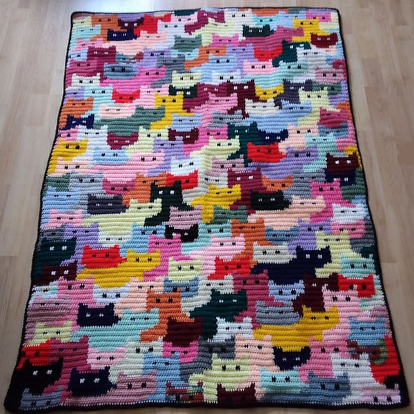 Vintage Crochet Blanket Afghan Cats Kittens 50" x 54" - Worsted 10Ply Yarn ~ Crochet Pattern PDF Instant download