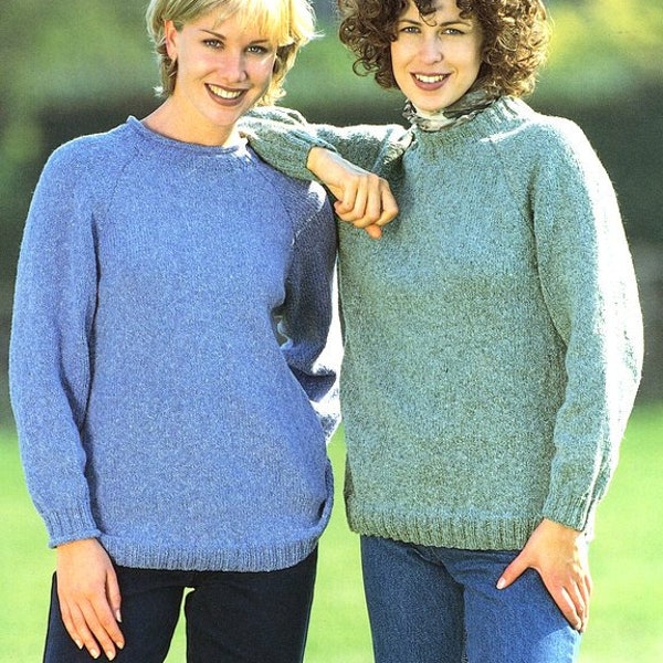 Easy Plain Sweater Round Crew & Roll Neck Raglan Sleeve Stocking Stitch 32" - 44" ~ DK 8 Ply Woman Ladies Knitting Pattern PDF download
