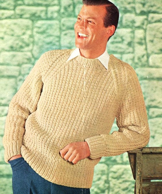 Vintage Fisherman's Rib Mens Sweater Raglan Sleeve Knitting