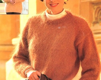 Womens Plain Mohair Sweater Round Neck Sweater & Scarf 30"- 40" Mohair Chunky Bulky 12 Ply Wool Knitting Pattern PDF download