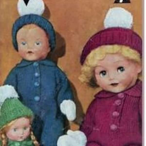 Vintage Outdoor Outfit, Suit, Hat, Mitts, Shoes for 8", 12" & 16" Dolls~   4 Ply Fingering Knitting Pattern PDF download