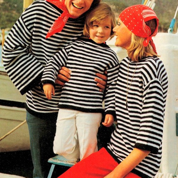 Family Striped Nautical Sweater 4 Ply Slash Neck Drop Shoulder Mid or Long Sleeve 24" - 44"   Knitting Pattern PDF Instant Download