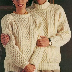Traditional Stitches Cable Round & Polo Neck Sweaters Mens Womens 32&quot; - 44&quot; - Aran 10 Ply Worsted Knitting Pattern Line by Line PDF download