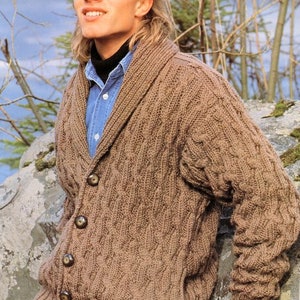 Chunky Casual Cable Jacket Saddle Shoulder Shawl Collar Neck Pockets Mens Boys 24" - 48" Chunky 12 Ply Wool Instant PDF Download