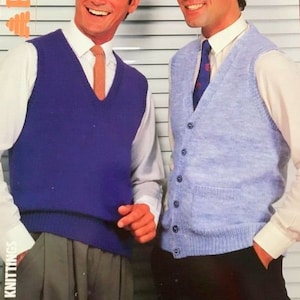 Easy Knit Men&#39;s V Neck Sleeveless Slipover & Waistcoat Pullover 36&quot; - 46&quot;  DK 8 Ply Light Worsted  Knitting Pattern PDF Instant Download