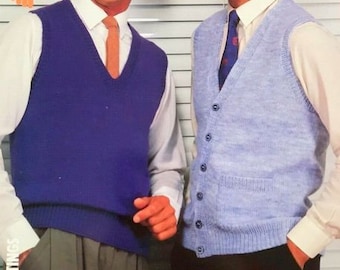 Easy Knit Men's V Neck Sleeveless Slipover & Waistcoat Pullover 36" - 46"  DK 8 Ply Light Worsted  Knitting Pattern PDF Instant Download