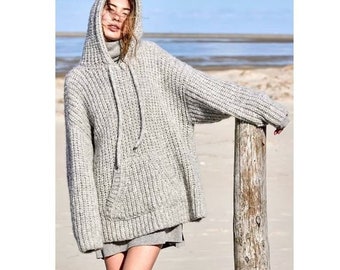 Easy Fisherman's Rib Sweater Jumper Pullover Hoodie Pockets Slouchy Oversized  36 - 46" ~ Bulky/Chunky 12 Ply Knitting Pattern PDF Download