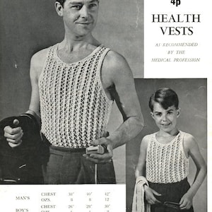 May include: Vintage knitting pattern for a crocheted health vest. The pattern includes instructions for both men's and boys' sizes. The pattern is printed on a white background with black text. The pattern is titled "Health Vests" and includes the number "381" and the price "4p".