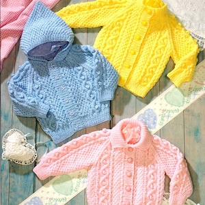 Aran Baby Jackets Cardigans Hood Collar Round Raglan Knitting Pattern 18&quot; - 24&quot; ~ Aran 10 Ply Worsted Knitting Pattern Vintage pdf Download