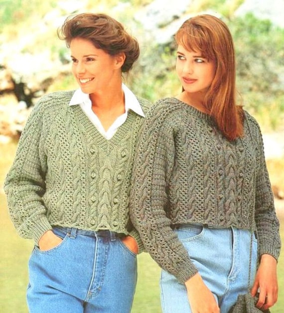 Knitting Pattern Cable Knit Crop Sweater Womens Cable Bobble