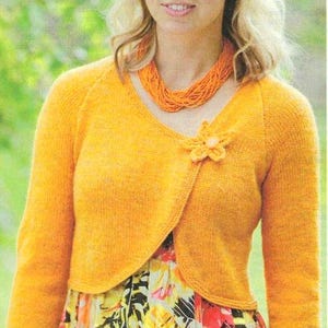 Womens Asymmetric Front Bolero Raglan Long Sleeve Knitted Flower Fastening 32" - 42" ~ DK 8 Ply Light Worsted Knitting Pattern PDF download
