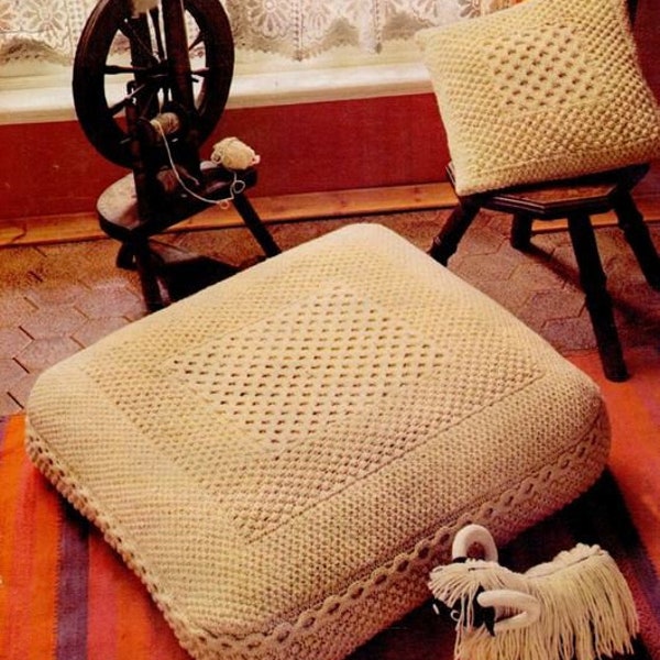 Vintage Irish Aran Floor Cushion 30"  & Aran Cushion 16" ~   Aran 10 Ply Worsted Knitting Pattern PDF Instant download