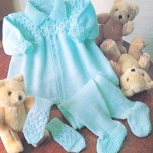 Baby Smocked Effect Matinee Coat Jacket Collar  16"- 22" Mitts & Leggings 4 Ply ~ Knitting Pattern Vintage Digital pdf Download