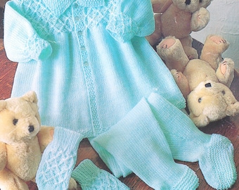 Baby Smocked Effect Matinee Coat Jacket Collar  16"- 22" Mitts & Leggings 4 Ply ~ Knitting Pattern Vintage Digital pdf Download