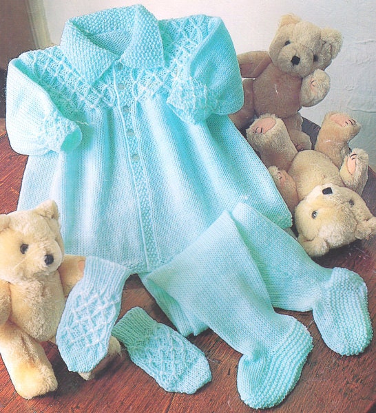 Baby Smocked Effect Matinee Coat Jacket Collar  16"- 22" Mitts & Leggings 4 Ply ~ Knitting Pattern Vintage Digital pdf Download