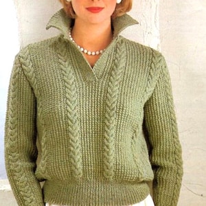 Womens Ladies Sweater Jumper  Cable Panel Rib Collar 32 "- 38" ~ DK Light worsted 8ply Knitting Pattern PDF Instant download