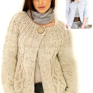 May include: A cream-colored knitted cardigan with a button closure and a cable knit pattern. The cardigan has a relaxed fit and is shown being worn by a model.