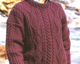 Womans Ladies Aran Cable Sweater Braided Collar Cuffs & Welt 30"- 40"   ~ Knitting Pattern PDF Instant download