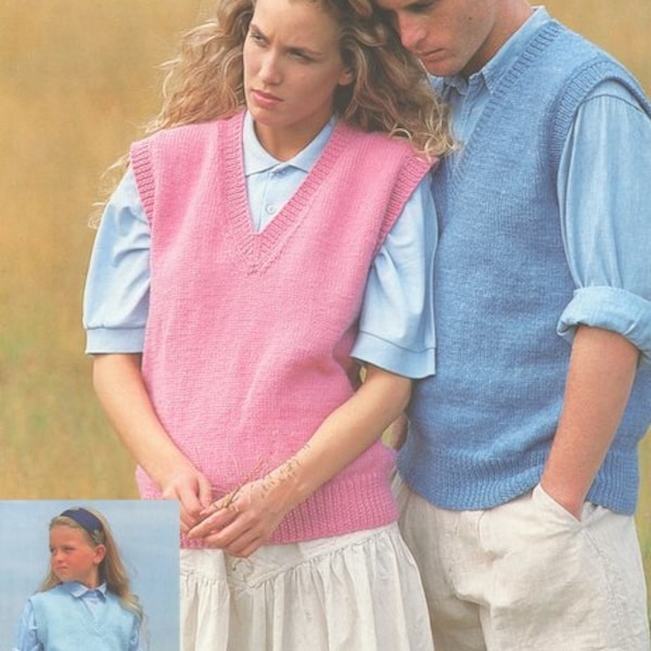 Plain V Neck Top Vest Slipover Sleeveless Sweater Pullover Womens Mens Childs 28 -46" DK 8 Ply Light Worsted Knitting Pattern PDF download