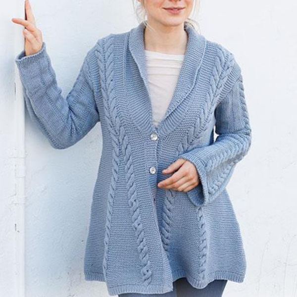 Womens A Line Cable Swing Jacket Cardigan Shawl Collar S - XXXL ~ DK 8 Ply Light Worsted Knitting Pattern PDF Instant download