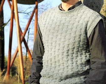Easy Mens Waistcoat Sleeveless Pullover & Round Neck Slipover Vest  xs- s- m- l -xl ~ DK 8 Ply Light Worsted Knitting Pattern PDF Download