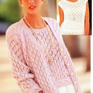 Ladies Summer Diamond Lace Boat Neck Sleeveless Top & V Neck Cardigan   ~   32" - 42 " DK 8 Ply Knitting Pattern PDF Instant Download.