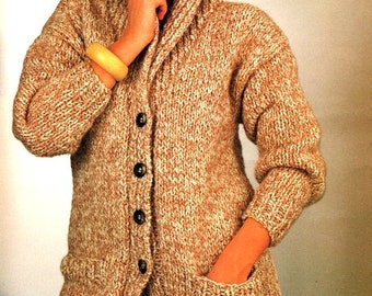 Womens Plain Chunky Longline Cardigan Coat Jacket Pockets Shawl Collar 32" -40"  ~  Super Bulky Knitting Pattern PDF Instant download