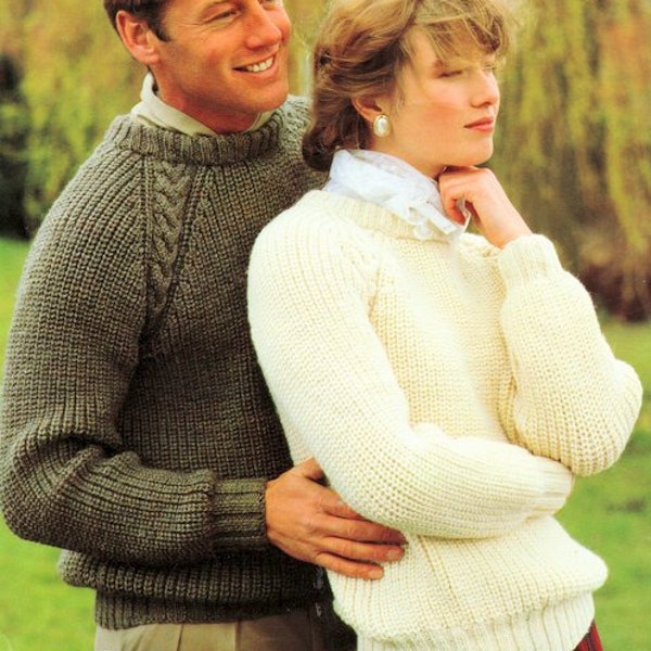 Easy Fishermans Rib Round Neck His'n'Hers Sweater Unusual Cabled Raglan Sleeve 32" - 44"  Aran 10 Ply Knitting Pattern PDF Instant Download