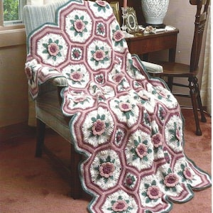 Crochet Rose Garden Hexagon Motif Granny Afghan Blanket  38" x 55" Worsted Aran 10 ply Wool Crochet Pattern PDF Instant Download
