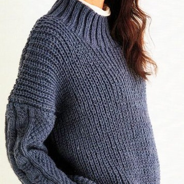 Womens Fishermans Rib & Cable Sweater High Neck 32" - 52" Larger Sizes ~ Aran 10 Ply Worsted Knitting Pattern Download pdf