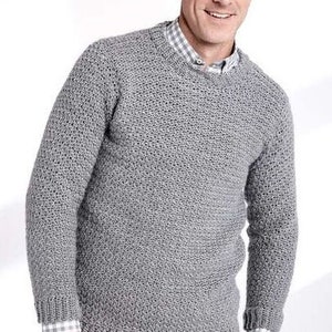 Men's Crocheted Sweater Round Neck Size 28" -62" ~  CROCHET PATTERN  PDF Download Aran Worsted Yarn  Pullover Pattern