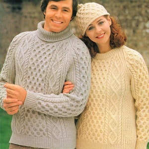 Womans & Mans Traditional Honeycomb Raglan Crew or Polo Neck Sweater and Hat 34"- 44" ~   Aran Knitting Pattern PDF Instant download