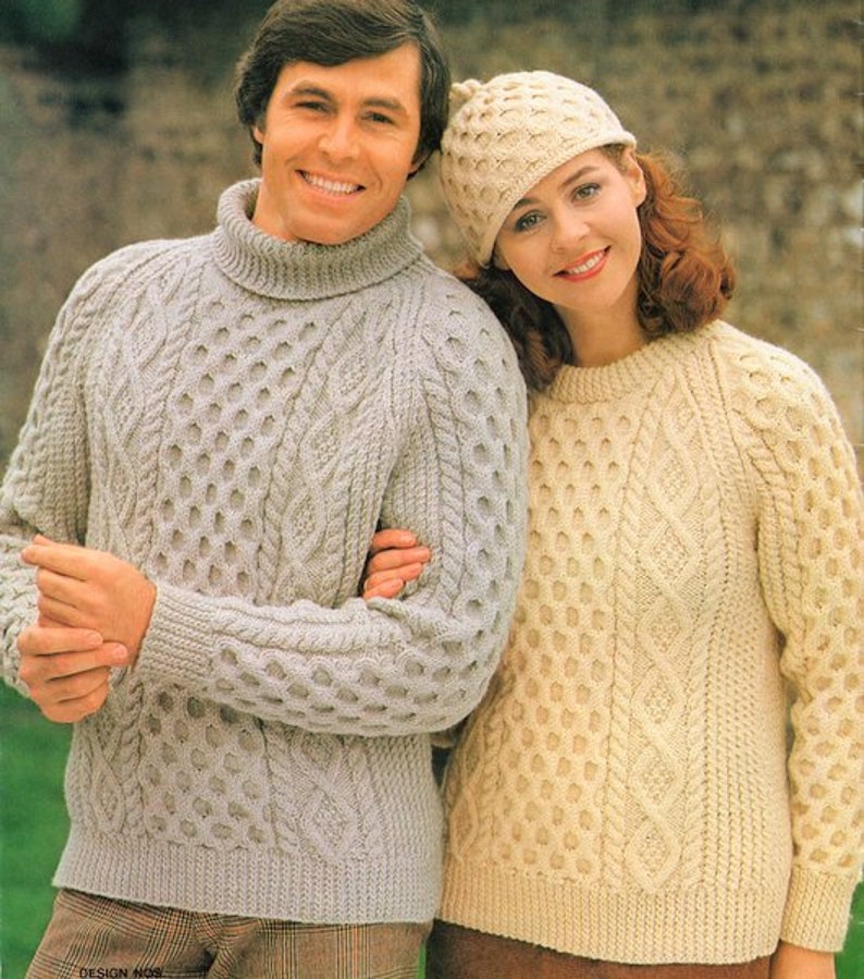 Womans & Mans Traditional Honeycomb Raglan Crew or Polo Neck Sweater and Hat 34 44 Aran Knitting Pattern PDF Instant download image 1