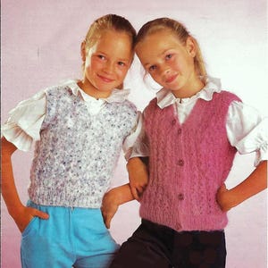Girls V Neck, Sleeveless Top Vest Tanktop Slipover & Waistcoat , 22"- 30" 1 -10 yrs ~ Aran 10 Ply Worsted Knitting Pattern PDF Download
