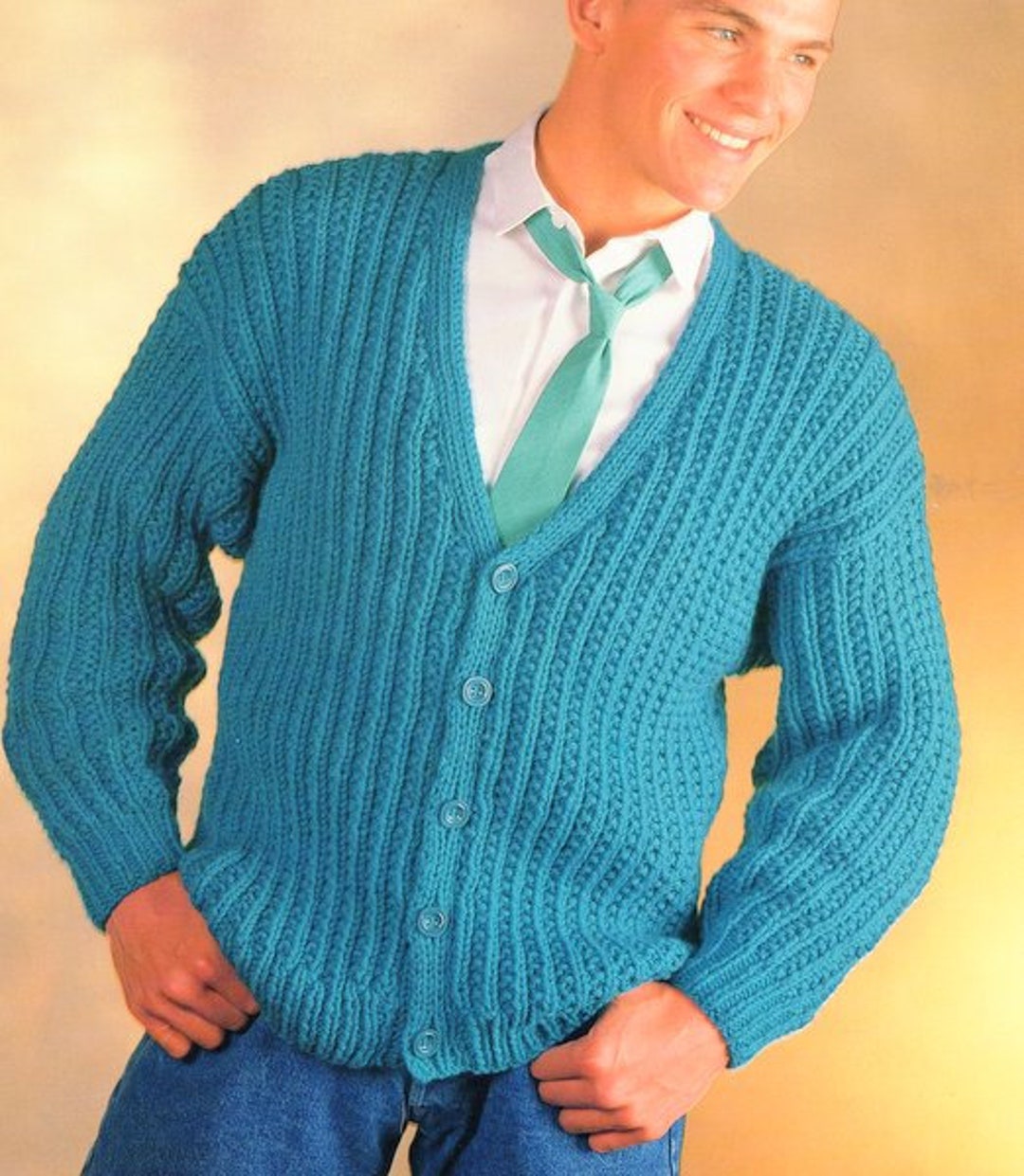 Mens Easy Rib V Neck Drop Shoulder Cardigan Knitting Pattern PDF 3646