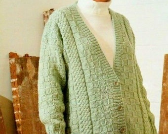 Womans Chunky V Neck Basketweave & Plaited Cable Cardigan Jacket Drop Shoulder 28" -42" Chunky 12 Ply Knitting Pattern PDF Instant download