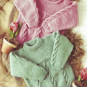Cable Sweater Crew Neck & Roll Bagel Neck Boys Girls 20&quot; - 30&quot; Chest ~ Aran 10 Ply Worsted Knitting Pattern PDF Instant download