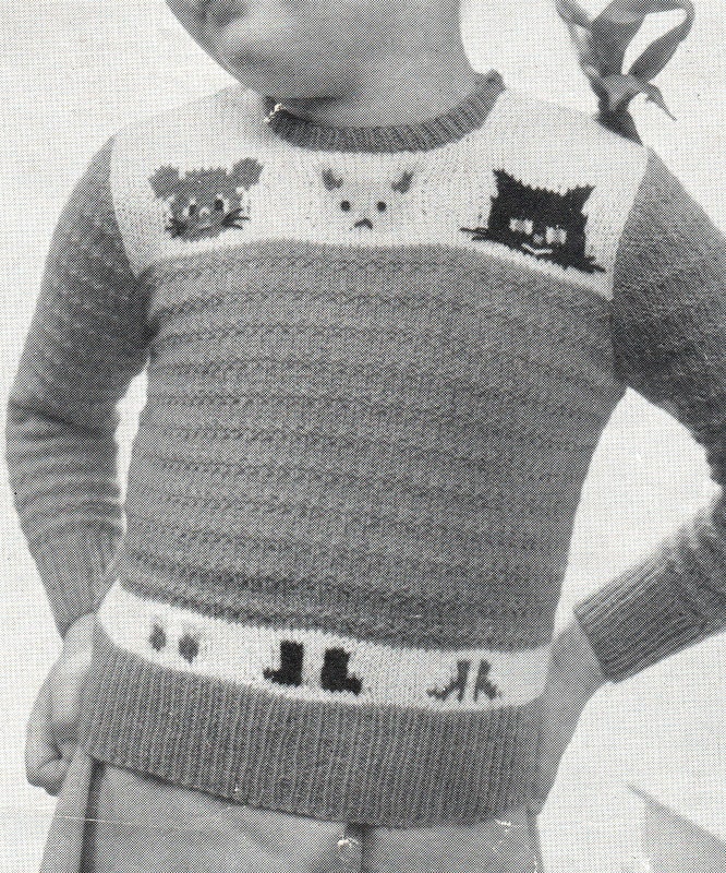 Match the Boots ! Vintage Cat Mouse Dog Motif Baby Girl Boy Sweater   23" Chest  3 Ply Knitting Pattern PDF Instant download