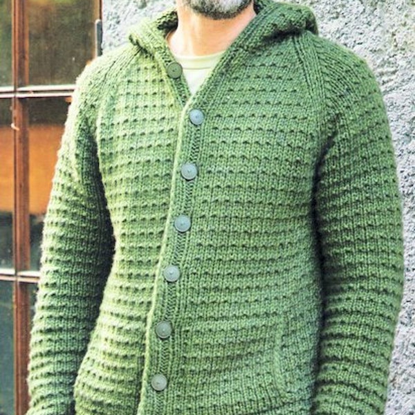 Mens Knitted Hoodie Hood Jacket Textured Pockets  48" -  58" Super Bulky Super Chunky Knitting Pattern PDF Download