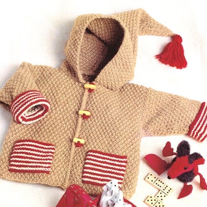 Easy Beginner Baby Jacket Duffle Coat Toggles Pockets & Hood Aran 10 Ply Worsted Knitting Pattern 3 ~ 18 mths PDF Instant download
