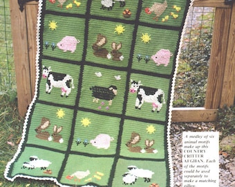 Crochet Farm Animal Blanket Afghan - Use separately for Matching Cushion  38" x 58"  4 Ply Crochet Pattern PDF Instant Download